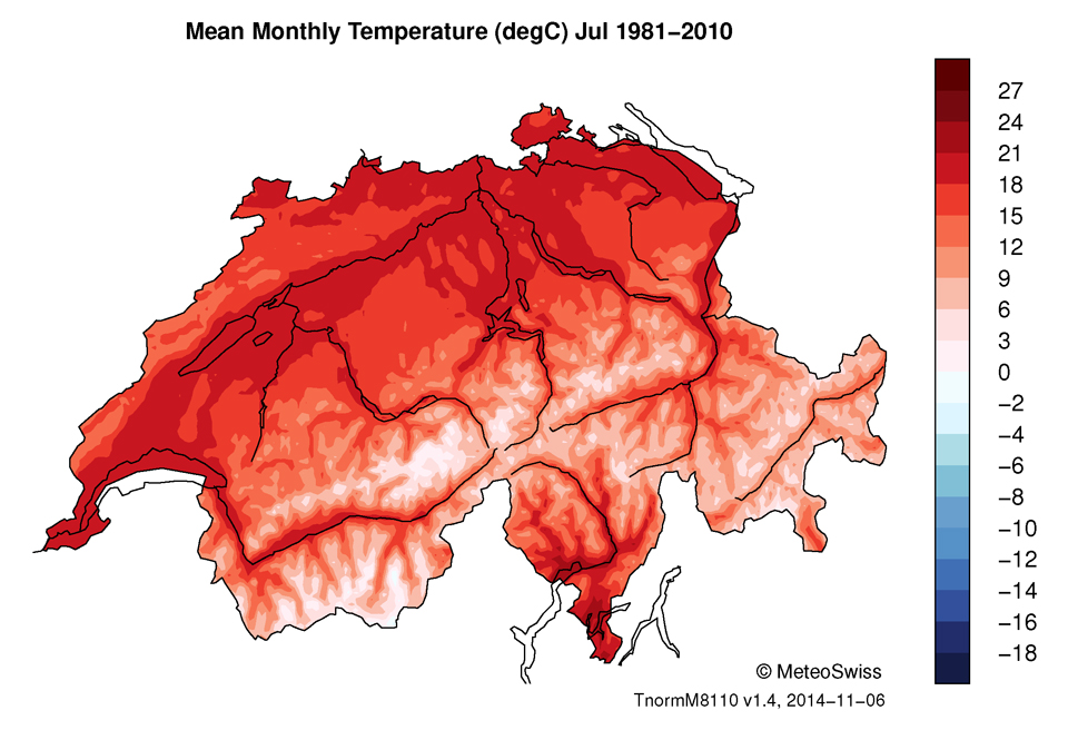 Mittlere Temperatur im Juli in der Schweiz gemäss der Norm von 1981–2010. © MeteoSchweiz