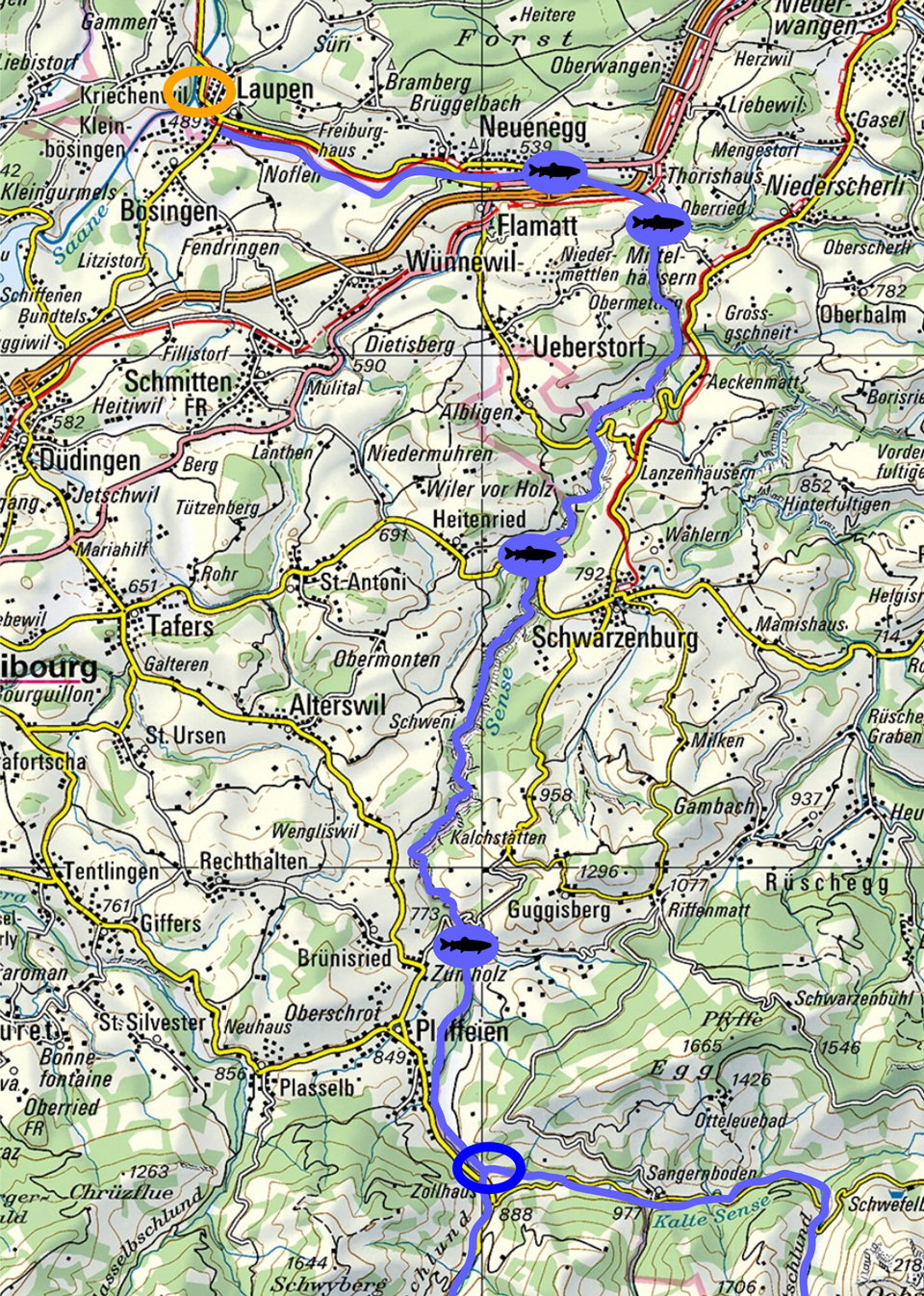 Karte des Verlaufs der Sense von Zollhaus (blau umkreist) bis zur Mündung in die Saane (ausserhalb der Karte, orange umkreist)