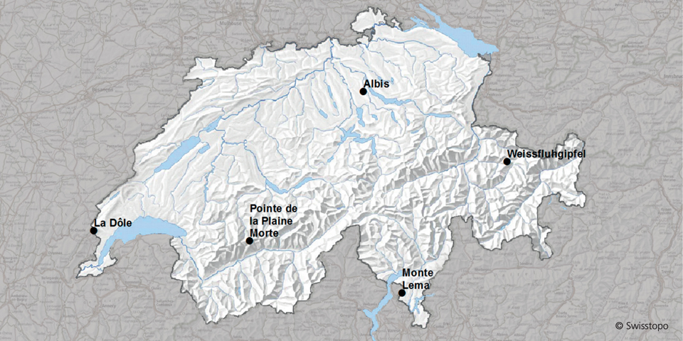 Die Standorte der fünf Wetterradargeräte in der Schweiz. Swisstopo