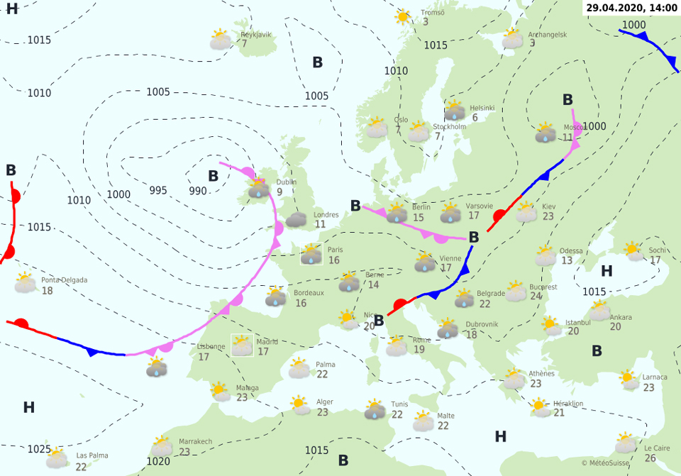 Beispiel einer Prognosekarte der Fronten über Westeuropa vom 28. April 2020 um 14 Uhr. © MeteoSchweiz
